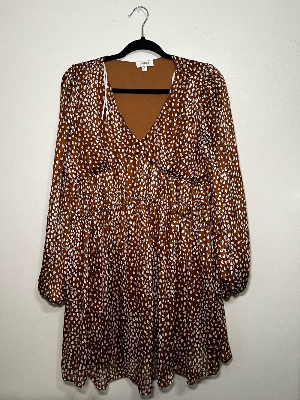 Umgee Brown Printed V-Neck Long Sleeve Smock Dress